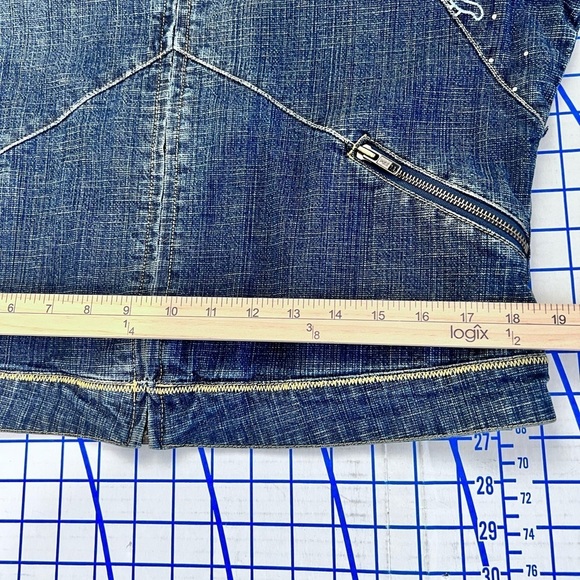 AKADEMIKS AKDMKS Y2K DENIM JACKET APPROX SZ L OPENING ON BACK POCKETS BLING - Picture 7 of 8